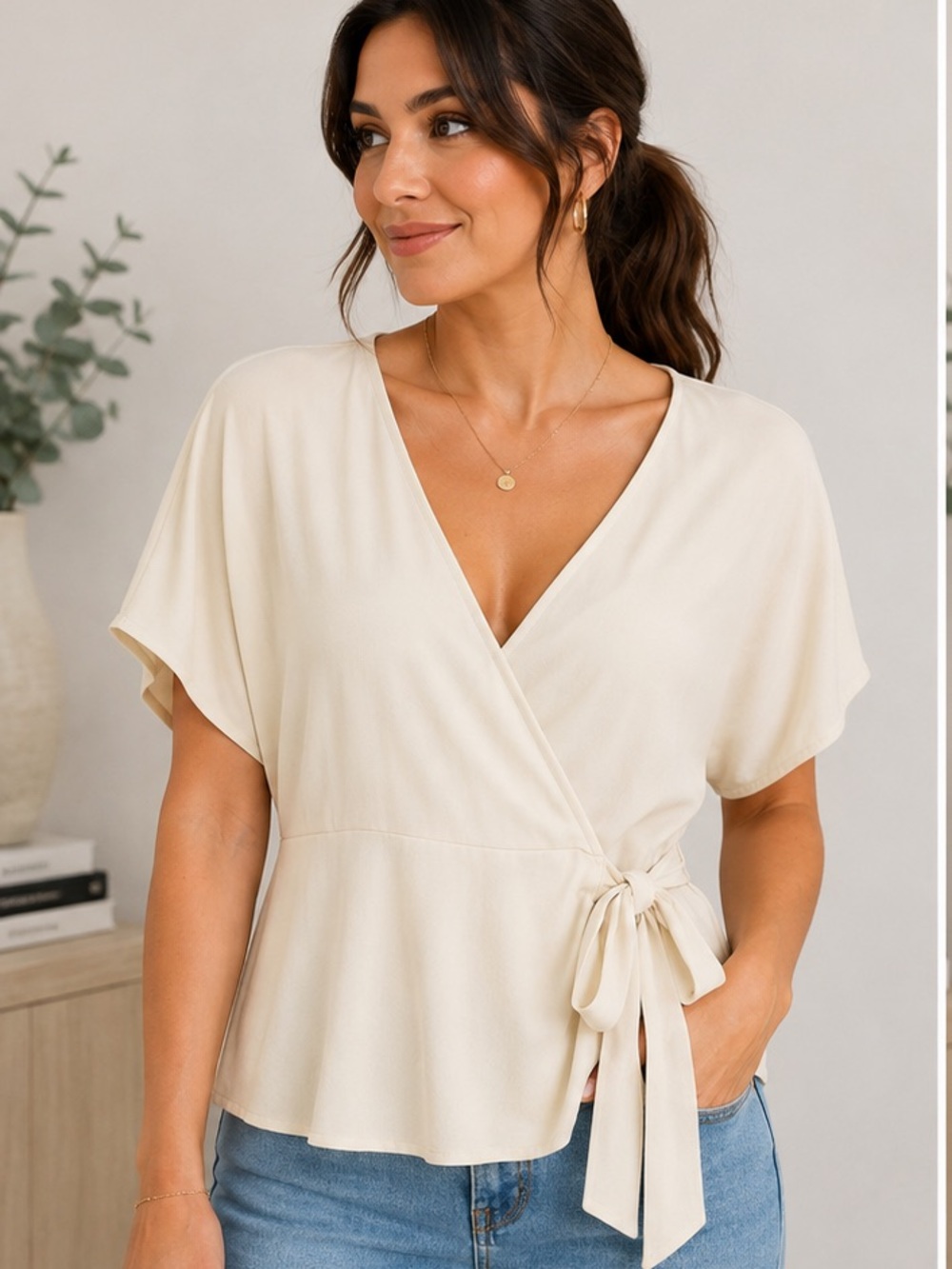 Banana Republic Women's Cream Wrap Tie V-Neck Blouse